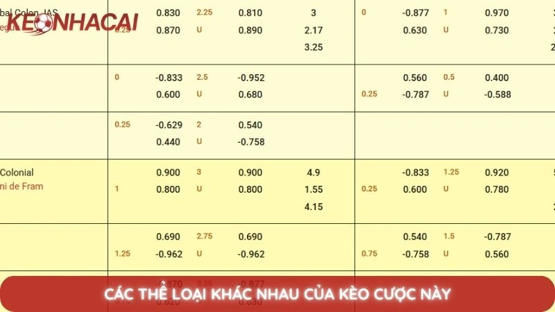 Các thể loại khác nhau của kèo cược này